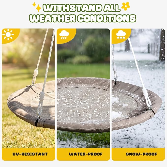 Trekassy 700lb 40 Inch Saucer Tree Swing for Kids Adults Outdoor 900D Oxford Waterproof with 2pcs Tree Hanging Straps, Steel Frame and Adjustable Ropes, Taupe