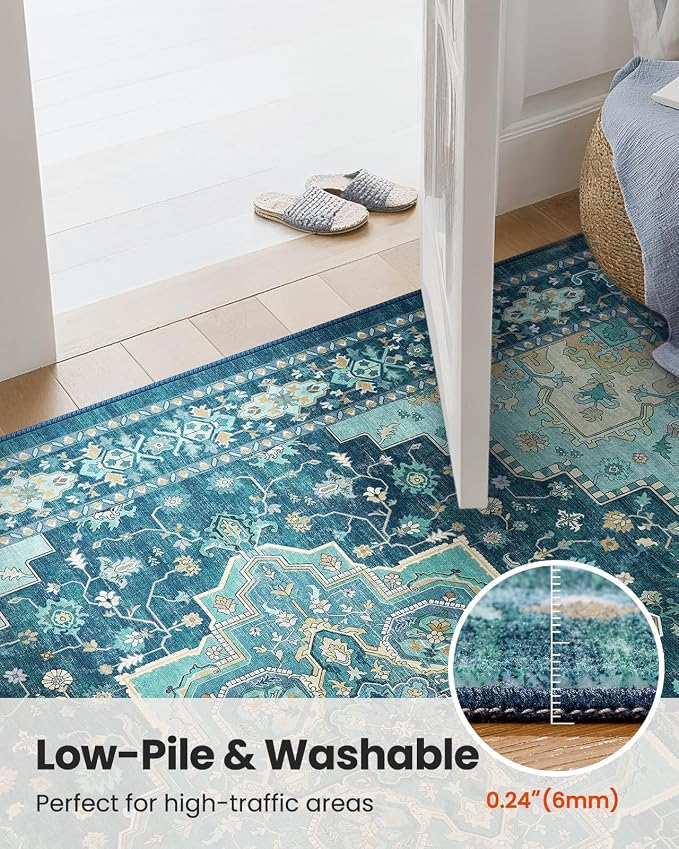 AMADA HOMEFURNISHING 8x10 Area Rug for Living Room, Vintage Washable Area Rug Low-Pile & Non-Slip Carpet for Bedroom Dining Room Nursery Home Office, Teal Blue