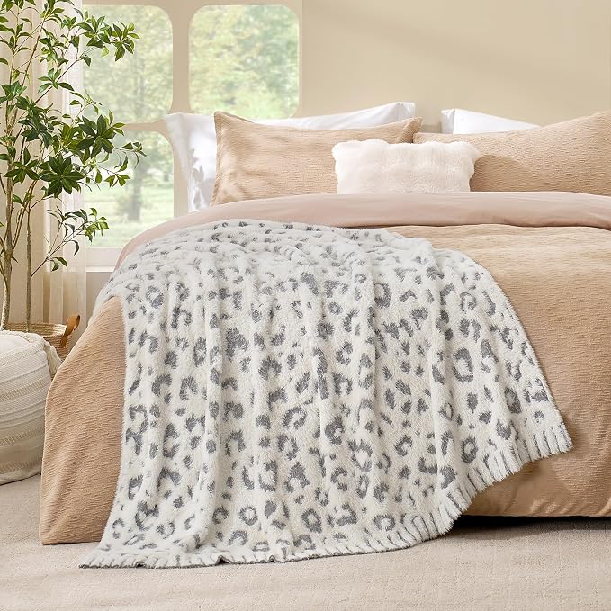 Snuggle Sac Leopard Luxury Faux Fur Throw Blanket for Couch,Ultra Soft Cozy Plush Fluffy Blanket for Sofa Bedroom Living Room,Grey Leopard,50x60 inches