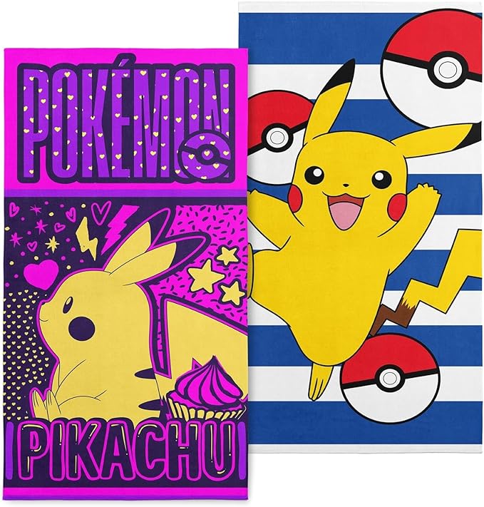NORTHWEST Pokémon Beach Towel 2-Pack – Oversized, Soft, Absorbent, Sand-Free & Fast-Drying, Featuring Sweet Summer Pikachu Designs 30" x 60"