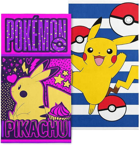 NORTHWEST Pokémon Beach Towel 2-Pack – Oversized, Soft, Absorbent, Sand-Free & Fast-Drying, Featuring Sweet Summer Pikachu Designs 30" x 60"