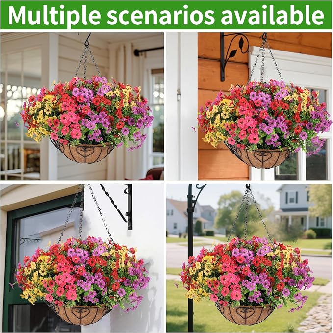 Artificial Hanging Flower for Outdoors(Mixed) | Fake Hanging Basket for Outside,1 Hanging Basket with 13 Pcs Faux Silk Flowers for Porch, Balcony and Patio Decor