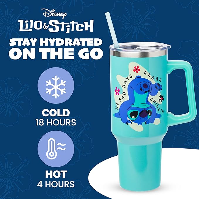Silver Buffalo Disney Lilo and Stitch Aloha No Bad Days Chillin’ Double Walled Stainless Steel Tumbler with Handle and Straw, Fits in Standard Cup Holder, 40 Ounces
