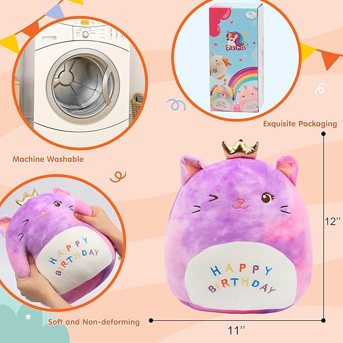 Easfan 12'' Rainbow Birthday Kitty Plush Pillow Soft Cat Plush Toy Cute Kitty Stuffed Animal Home Room Decoration Birthday Gifts for Kids Toddlers