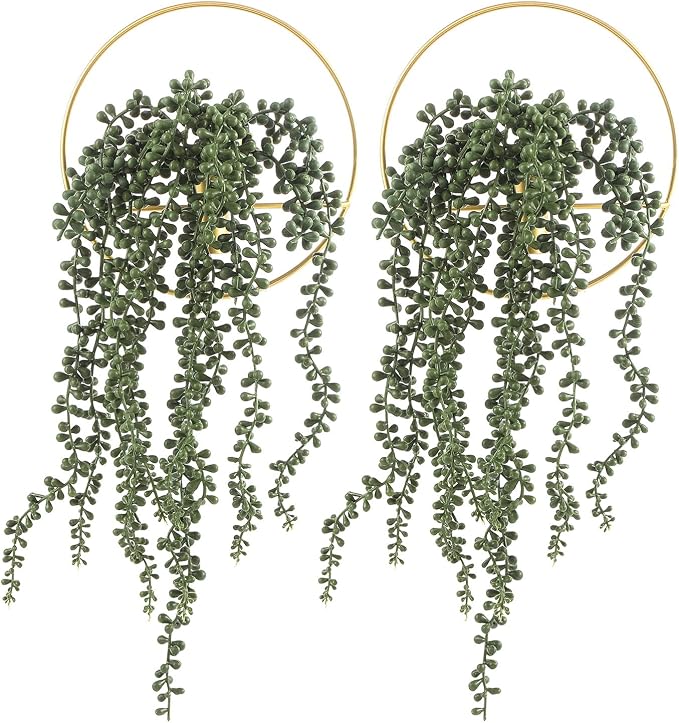 Pretty Jolly Boho Succulent Wall Decor Gold Metal Wall-Mounted Art | Morden Artificial Greenery Display，2 Pack Hanging Planter For Living Room, Bedroom, Bathroom, Dining room