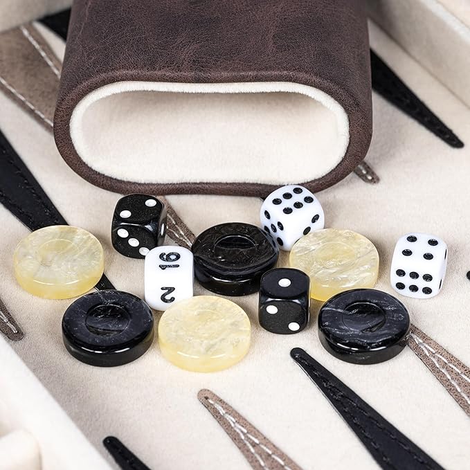 Backgammon Sets for Adults, Classic Board Game with Folding Leather Backgammon Case, Portable Travel Backgammon Game Set (Brown)