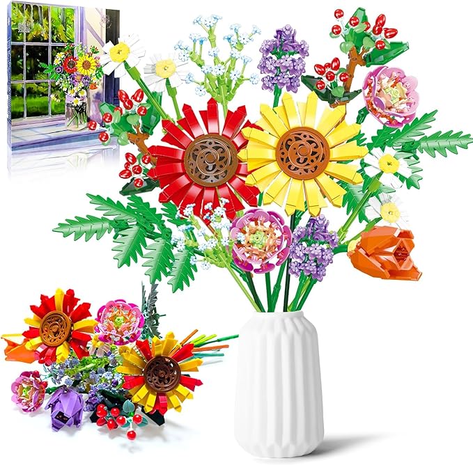 Flower Bouquet Building Set, 976 PCs Botanical Collection Kit with Sunflowers, Chamomile, Lavender, Lulips, DIY Unique Office Home Decor Gift for Christmas, Mother's Day & Valentine