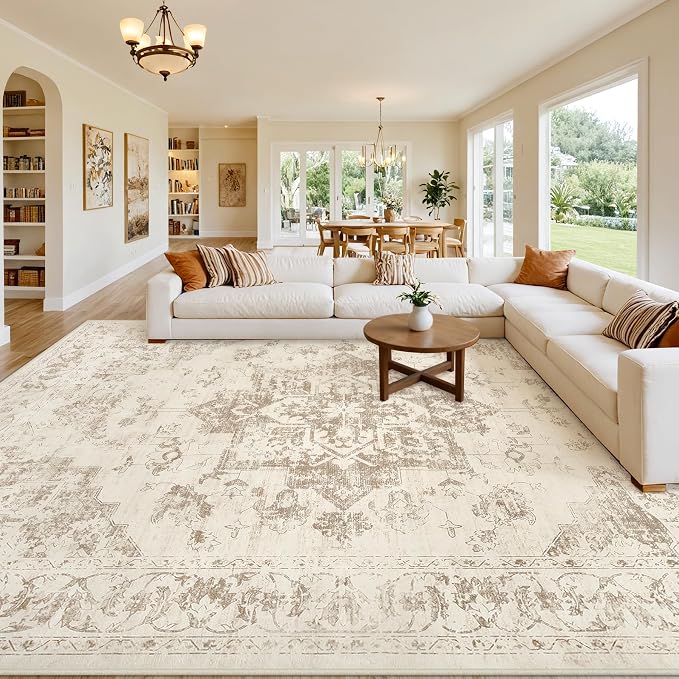 10x14 Area Rug for Living Room: Vintage Boho Neutral Washable Rug Indoor Soft Large Area Rug Carpet for Bedroom Nursery Farmhouse Dining Room Office Floor Non-Slip Low Pile Under Table Rug Beige/Ivory