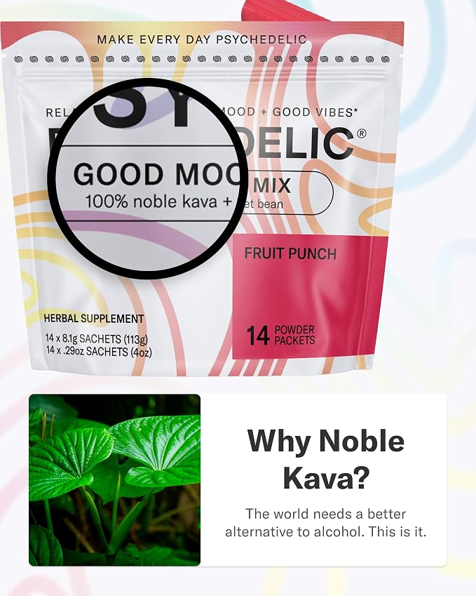 Psychedelic Water Good Mood Mix - Fruit Punch - Powder Packets - Calming Kava Drink Mix - Easy Open Single-Serving - Flavored Kava Powder - Mucuna Pruriens - Stevia - Adaptogen Drink Mix - 14 Stick