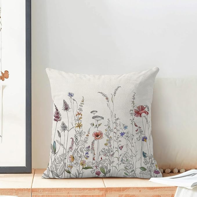 AEIOAE Spring Pillow Covers 20x20 Inch Set of 2, Black Wild Flower Throw Pillows Case,Colorful Seasonal Floral Plant Outdoor Decorative Farmhouse Decor Cushion Covers for Home Sofa Bed Couch