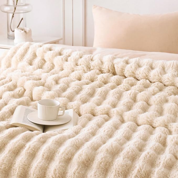 COOVA Faux Fur Throw Blanket for Couch, Cozy Soft and Fuzzy Plush Rabbit Fur Bubble Blanket for Sofa Bedroom Living Room, 50x60 Inches Light Taupe