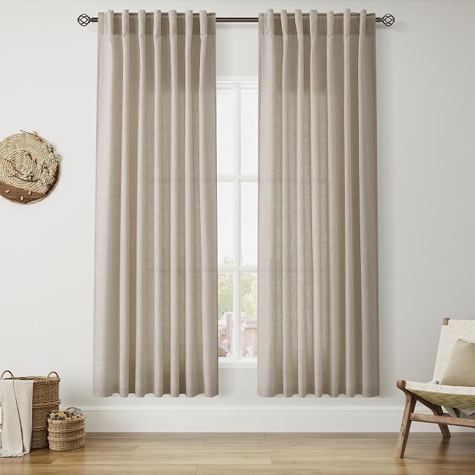 Nanspring Living Room Curtains 72 Inch Length Linen Blend Cobblestone Light Filtering Semi Sheer Curtain Back Tab and Rod Pocket Modern Farmhouse Decor Elegant Drapes for Bedroom 52x72, 2 Panels