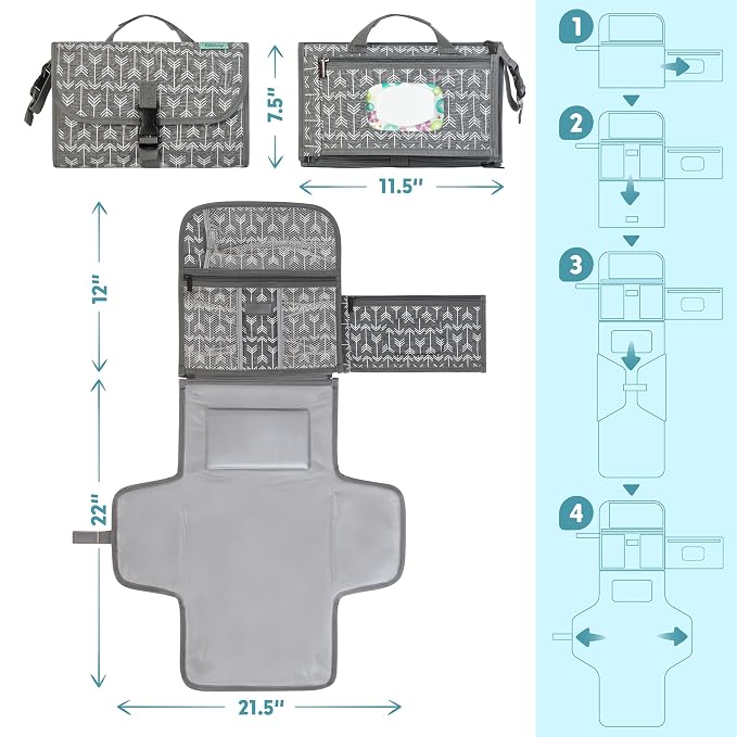 Kopi Baby Portable Diaper Changing Pad-Baby Diaper Changer Travel Bag with Wipes Pocket, Smart Design Portable Changing Mat, Infant Travel Station Kit,Gift for Newborn Girl & Boy-Grey Arrows, Premium