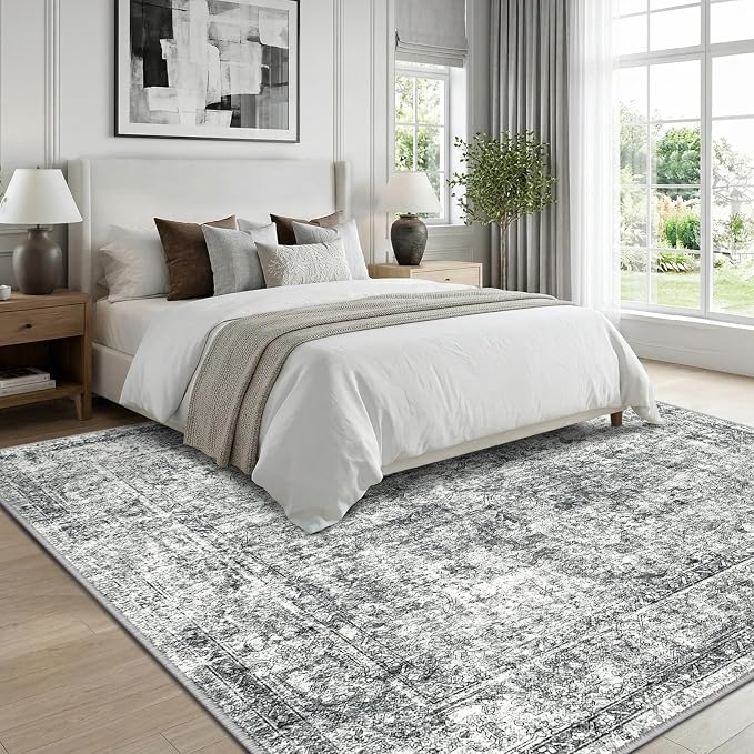 CAPALOCA Square 8ft Washable Nursery Girls Low Pile Area Rug Grey | Non-Slip Soft Rugs for Bedroom Kids Playroom Living Room, Print Pattern Water Repellent Carpet Indoor Decor