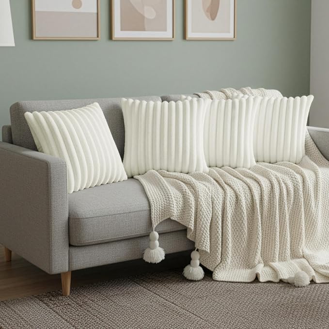 Cream White Throw Pillow Covers 16 x 16 set of 4, Cute Boho Throw Pillow Cover for Couch/Bed, Decorative Pillows Covers for Sofa/Bed, Accent Pillow Covers for Living Room, Rustic/Home/Room Decor