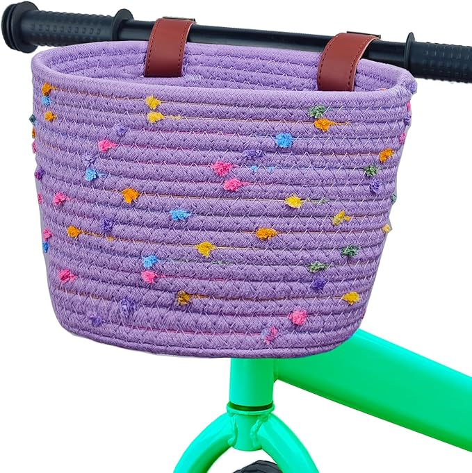 Kids Bike Basket for Boys and Girls, Children's Bicycle Basket Woven With Sisal Rope, Cute Decorative Accessories for Balance Bikes and Scooters