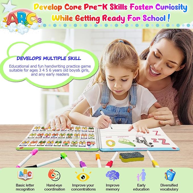 Montessori Preschool Learning Tracing Workbook - Toddler Alphabet and Numbers Handwriting Practice Busy Activity Book Dry Erase, Autism Materials Prek Educational Toy for Kids Age 3 4 5
