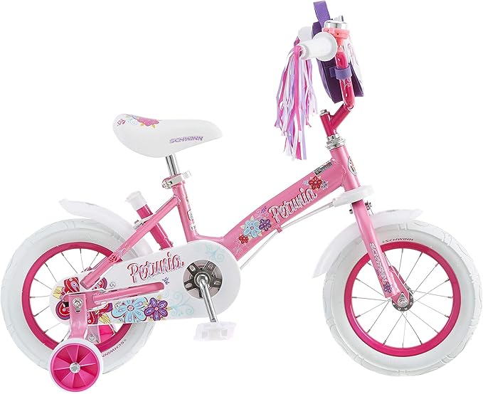 Schwinn Petunia and Grit Bike, 12 Inch Bike for Kids Ages 2-4, Orange, Teal, Pink or Blue, Steerable Beginner Bicycle with Training Wheels, Parent Push Handle, Rear Coaster Brake, Adjustable Seat