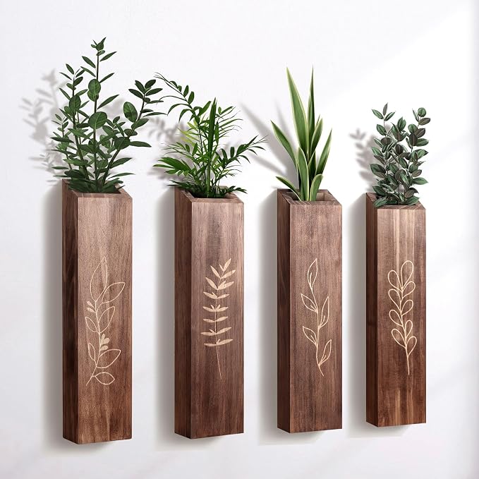 Wooden Wall Vase Planter Set of 4 | Brown Finish Farmhouse & Boho Wall Decor for Entryway, Hallway, Bathroom, Living Room, Dining Room