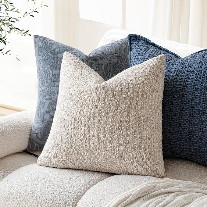 Foindtower Set of 2, Decorative Textured Boucle Throw Pillow Covers Accent Solid Pillow Cases Neutral Cozy Couch Cushion Case for Chair Sofa Bedroom Living Room Home Decor 24 x 24 Inch Ivory Beige