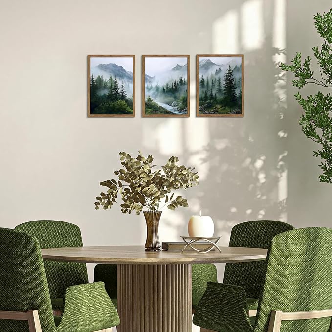 Framed Forest Wall Art Set of 3, Misty Mountain Landscape Canvas Wall Decor Paintings, Nature Tree River Scenery Artwork Prints Pictures for Living Room Bedroom Office 12x16 Inch