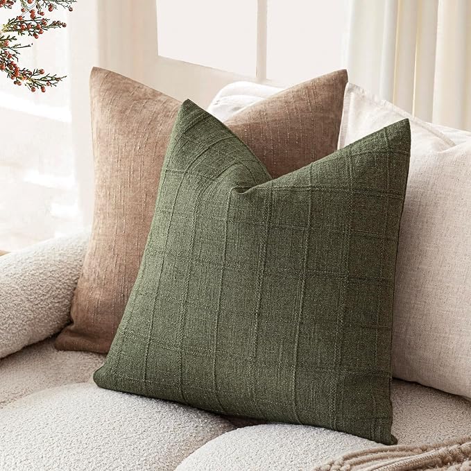 Foindtower Set of 2 Decorative Linen Check Throw Pillow Covers Neutral Farmhouse Vintage Cushion Covers Modern Boho Home Decor for Sofa Chair Couch Bedroom Living Room,26×26 Inch,Olive Green
