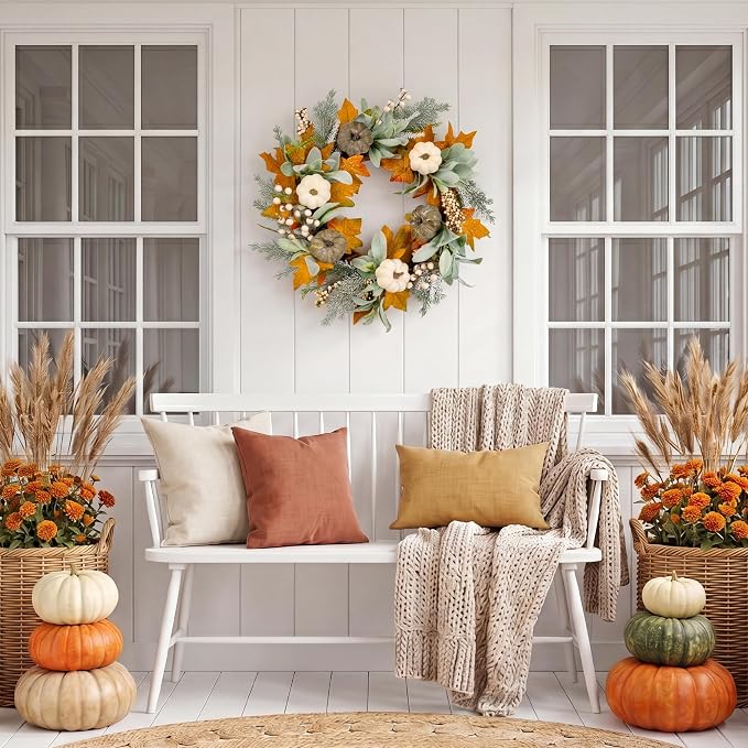 20" Fall Wreath Front Door Pumpkin Lambs Ear Maple Leaf Artificial Wall Decor Farmhouse Autumn Wreath Thanksgiving Home Porch Outdoor Indoor Holiday Harvest Decor