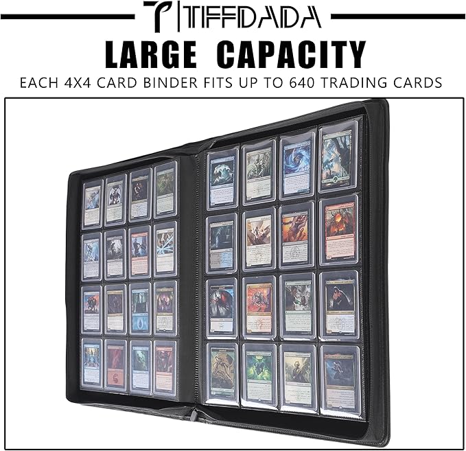 Top Loader Binder for Cards, 16 Pocket, Holds Up to 640 Toploaders with Ringless 20 Double-Sided Sleeves, Side Loading Top Loader Card Binder with Zipper for Trading Sports Cards in 3" x 4" Toploaders