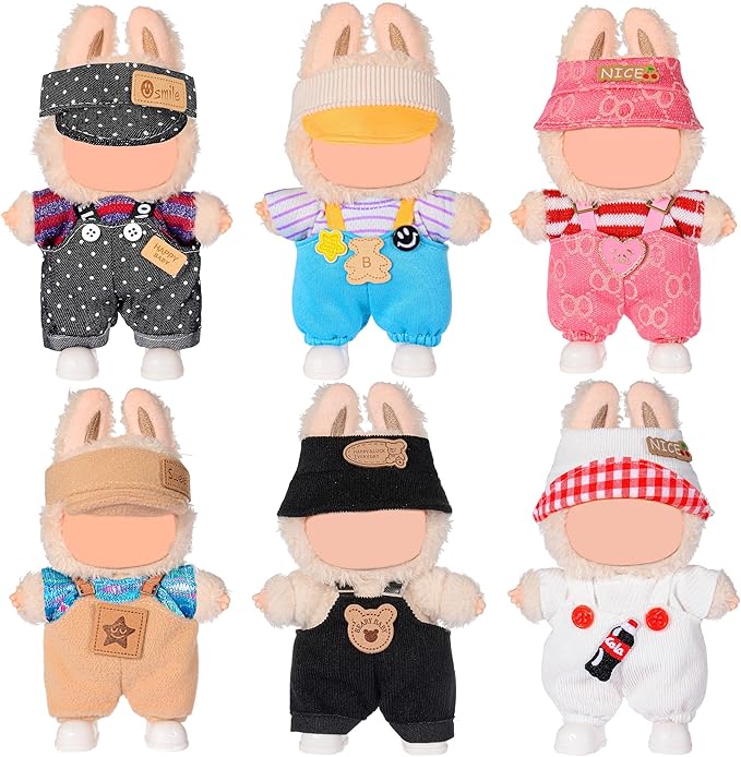 6 Set Doll Clothes for 17cm Plush Dolls- Fashion Overalls Outfit Bundle Trendy & Adorable (Clothes Only)