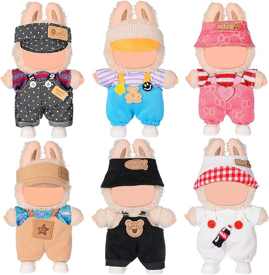 6 Set Doll Clothes for 17cm Plush Dolls- Fashion Overalls Outfit Bundle Trendy & Adorable (Clothes Only)