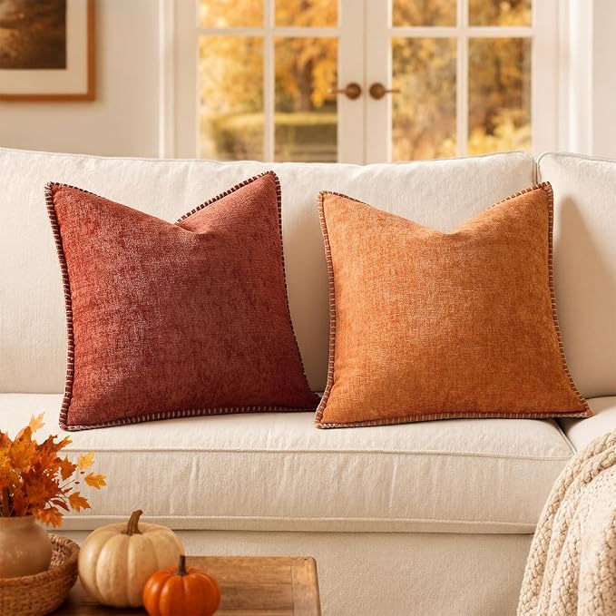 MIULEE Fall Decorative Couch Throw Pillow Covers 16x16 Inch Burnt Orange | 2 Pack, Terracotta Farmhouse Pillow Covers with Stitched Edge, Soft Chenille Cushion Cases, Sofa Bed Living Room Home Decor