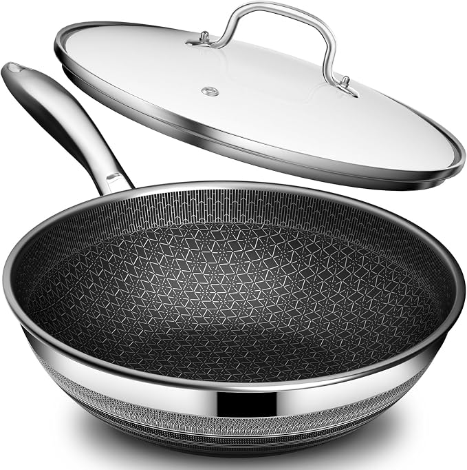 Woks & Stir-fry Pans Nonstick - Hybrid 304 Stainless Steel Wok 10.8" Non Stick Wok Pan with Lid for Induction, Electric, Gas, All Stoves, PFOA Free Cookware, Dishwasher and Oven Safe