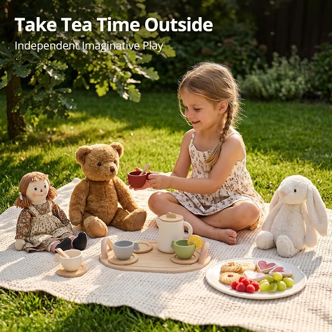Youuys Wooden Tea Party Set for Toddler 3-5,Kids Tea Sets for Little Girls 4-6, 14pcs Silicone Kitchen Accessories, Pretend Play Montessori Toys with Tray for 3 4 5 6 Year Old Birthday