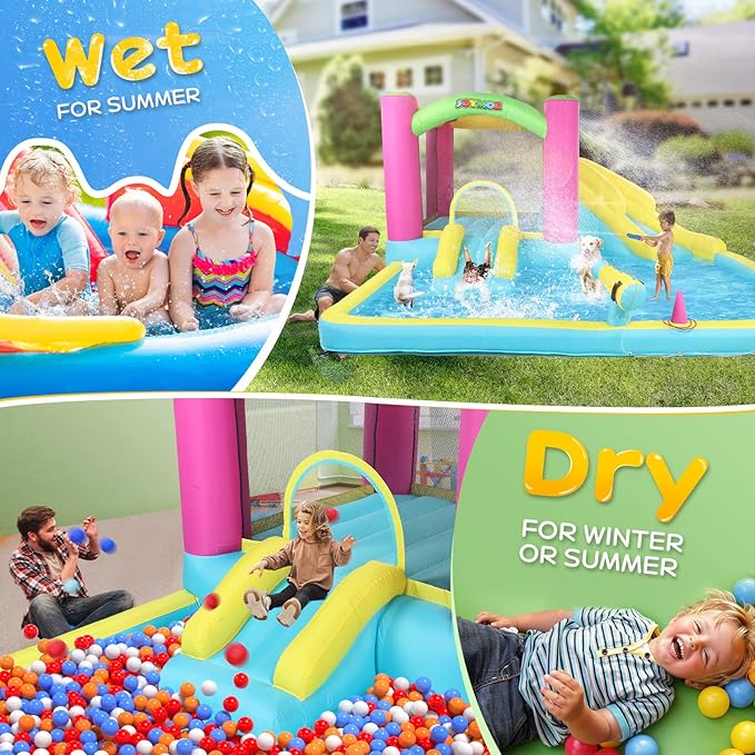 JOYMOR Inflatable Bounce House with Double Water Slide for Kids Toddler Age 3-10, Splash Pool Water Cannons, Ring-Toss Games for Outdoor Backyard Fun Water Toys, Indoor Bouncy Castle with Air Blower