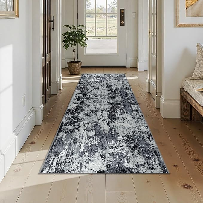 RELEANY Washable Area Rugs 2'6"x8 Non-Slip Modern Abstract Soft for Living Room Entryway Bedroom Kitchen, Print Pattern, Black Navy Blue Gray