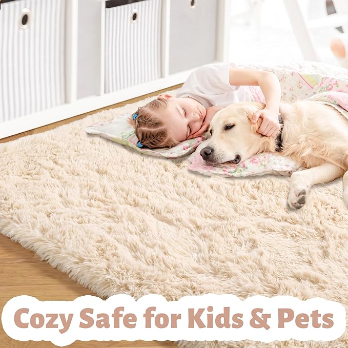 Amdrebio Beige Boho Furry Small Area Rug 3x5 for Kids Bedroom Nursery Dorm | Fluffy Shag Cozy Plush Fuzzy Tan Carpet, Playroom Preppy Classroom Living Room Decor, Neutral Aesthetic, Baby Toddler Corner