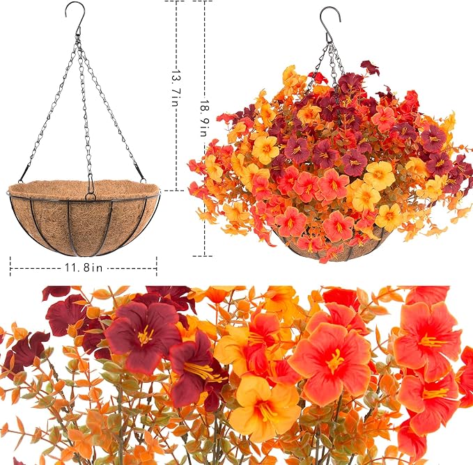 Daynight 2 Set Artificial Outdoor Fall Flowers with Hanging Baskets, 24 Pcs Faux Petunias Flowers with Hanging Planter for Outside Porch Yard Garden Autumn Decor (2, Orange)
