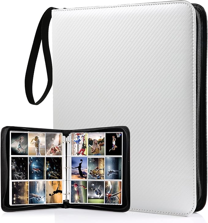 WOT I Trading Card Binder, 900 Pockets Baseball Card Binder Sleeves with Zipper, Double Sided Pockets Card Holder Carry Card Case for Baseball Card, Football Card(Silvery White), WO-CB-9-10