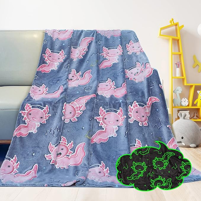 Axolotl Blanket Glow in The Dark for Girls, Axolotl Gifts Toys for Kids Teens Girls, Soft Cozy Plush Fleece Throw Blankets for Couch Bed Travel, Graduation Room Decor, Birthday Gifts 50x60inch