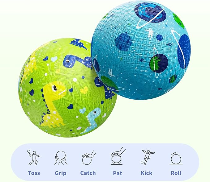 ZOOJOY Pack of 2 Cartoon Playground Balls, Balls for Toddler 3-12, 8.5" Rubber Ball Bouncy Kickball, Indoor & Outdoor Ball Game for Kids with Pump