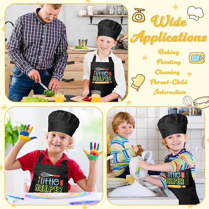 R HORSE 2Pcs Kid Apron and Chef Hat Set Adjustable Children Black Kitchen Apron Dress up Role Play Chef Toy Cooking Baking Painting and Training Kits Kid Funny Cooking Gift Birthday Gift for Kids