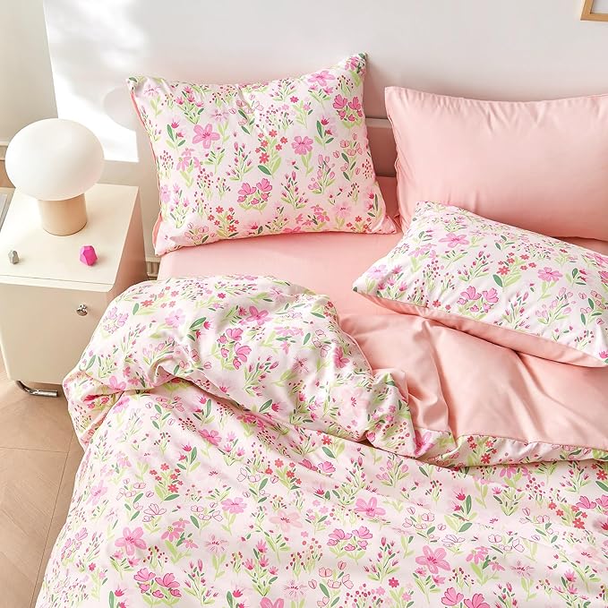 Wake In Cloud - Floral Bedding Set for Girls, Cute Colorful Botanical Flowers Patterned Soft Lightweight Comforter Set with Sheets, 7 Pieces Kids Bed in a Bag, Light Pink, Full Size