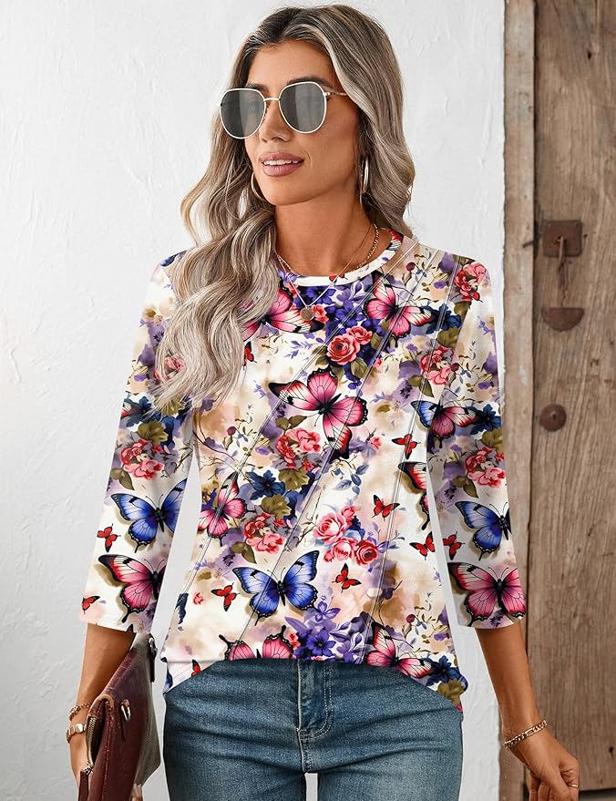 LOMON 3/4 Length Sleeve Womens Tops Spring Summer Fashion 2026 Tops Crew Neck Pleated Shirts Tunic Top Loose Fit