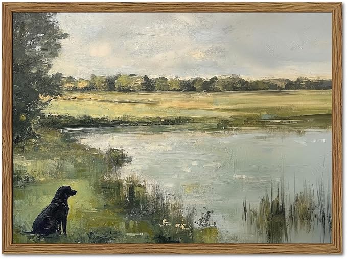 Framed Vintage Hunting Black Dog Wall Art, Rustic Country Nature Landscape Pictures Wall Decor, Farmhouse Animal Paintings Canvas Prints Aesthetic Home Decor for Living Room Bedroom 12x16 inch