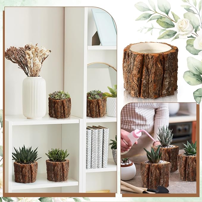 6 Pcs Wooden Vase for Centerpieces Wedding Flower Table Centerpieces Woodland Party Decor Rustic Farmhouse Bark Stump Buckets Vintage Planter Pots for Garden Baby Shower Window Home (Small)