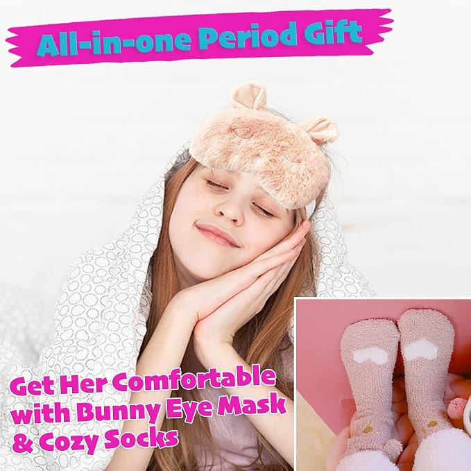 First Period kit for Girls | 23 PC Period Packs for Young Girls First Time | First Period Gift for Teen Girls with Sanitary Pad Storage Bag, Wipes, Bracelet, Eye Mask, Socks and More(Pink)