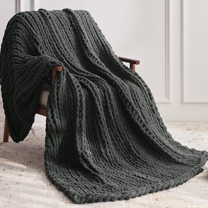 Negwoo Chunky Knit Throw Blanket, Knitted Throw Chenille Yarn, 80"*90" | Soft Thick Cable Knitted Blankets, Handmade Big Thick Blanket, Machine Washable Cute Comfy Blanket for Home Decor, Dark grey
