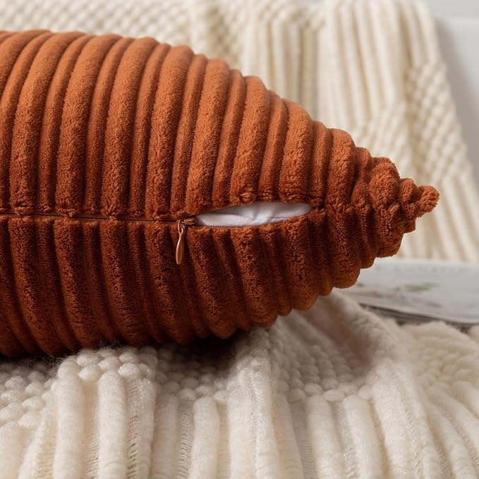 UGASA Fall Velvet 18x18 Inch Soft Throw Pillow Cover Decorative Corduroy Striped Both Sides Solid Square Cushion Case Boho Farmhouse for Couch Bedroom Sofa Home, 1 Piece, Burnt Orange