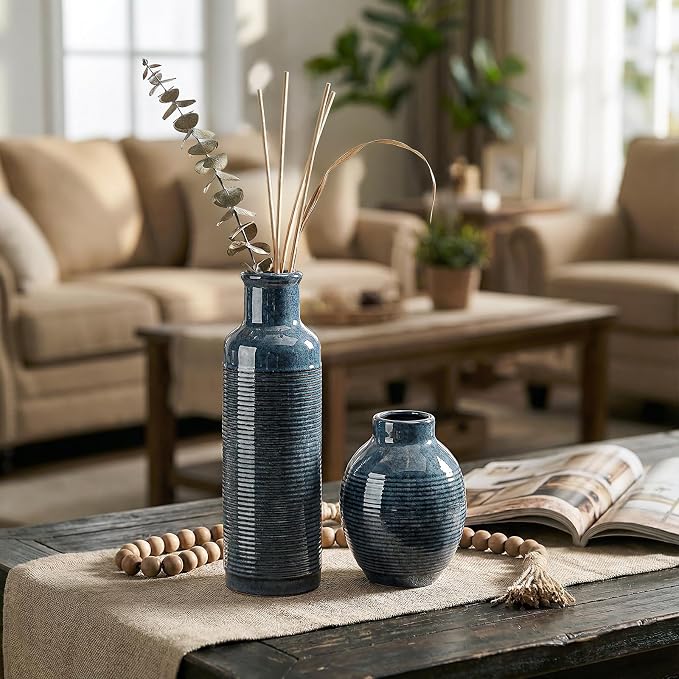 Ceramic Blue Vase Set of 3 - Small Waterproof Vases for Home Décor | blue ceramic vases - Pampas Grass Dried Fresh Flowers - for Centerpiece, Coffee Table, Mantel Entryway, Living Room, Bedroom