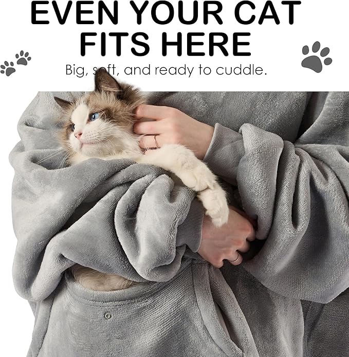 Krifey Wearable Blanket Hoodie, Oversized Sherpa Fleece Sweatshirt with Giant Pocket, Birthday Gifts for Women, Mom, Sister, Light Gray